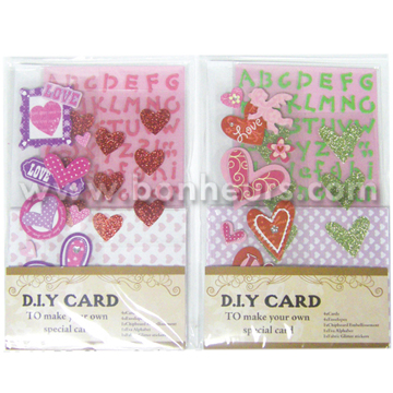 D.I.Y. VALENTINE CARD
W/4PCS CARDS,4PCS ENVELOPES,1PC CHIPBOARD EMBELLISSEMENT,1PC EVA ALPHABET & 1PC FABRIC GLITTER STICKERS.